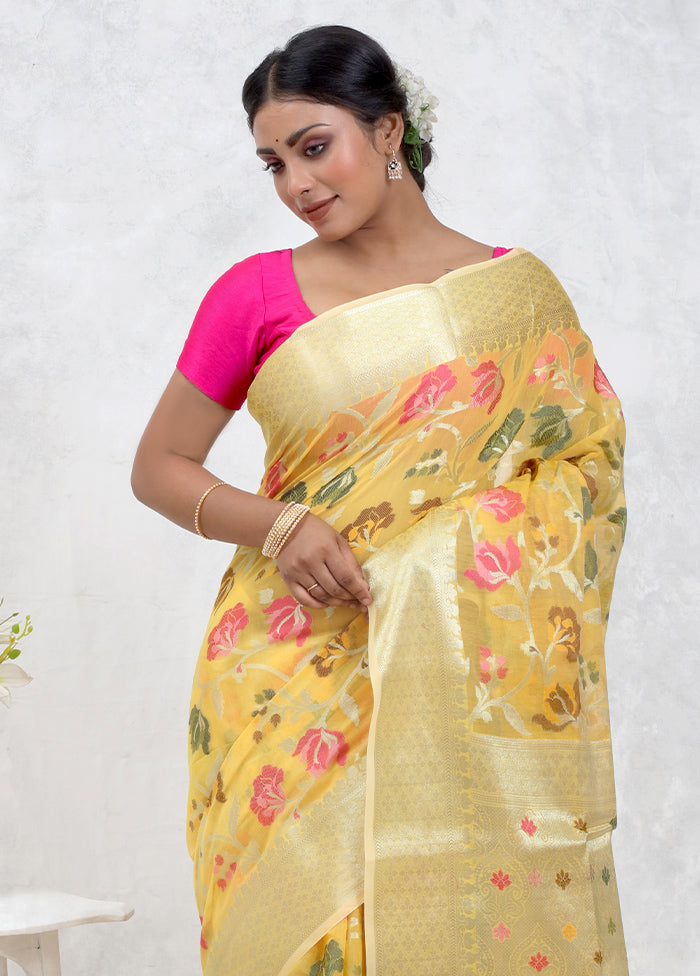 Yellow Kora Silk Saree With Blouse Piece