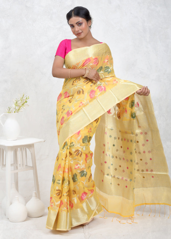 Yellow Kora Silk Saree With Blouse Piece