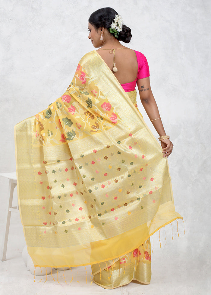 Yellow Kora Silk Saree With Blouse Piece