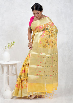 Yellow Kora Silk Saree With Blouse Piece