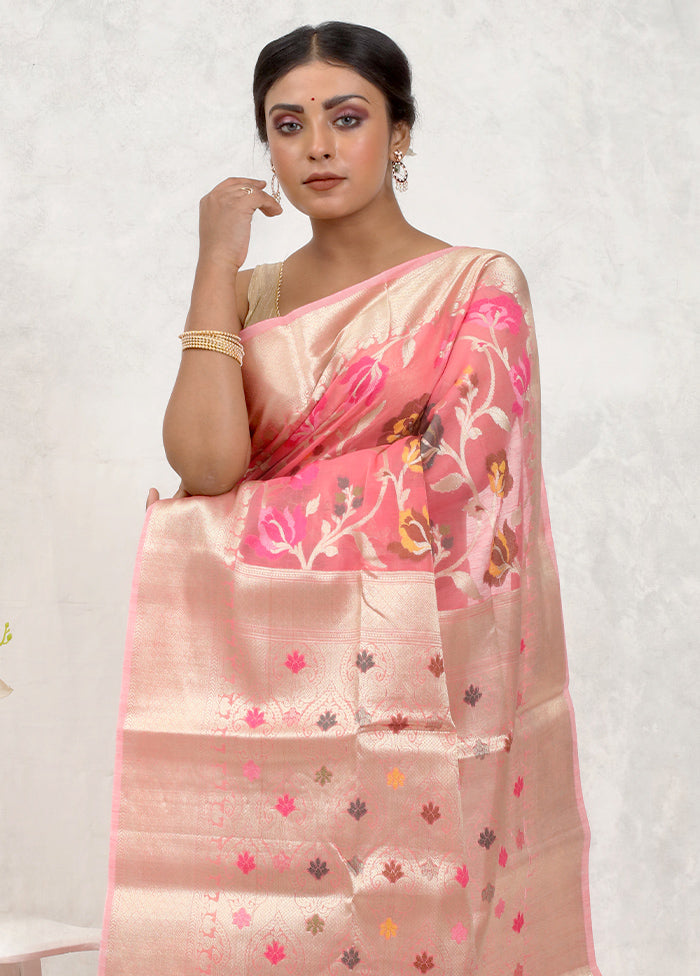 Pink Kora Silk Saree With Blouse Piece