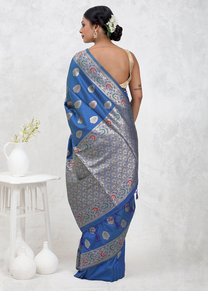 Blue Dupion Silk Saree With Blouse Piece