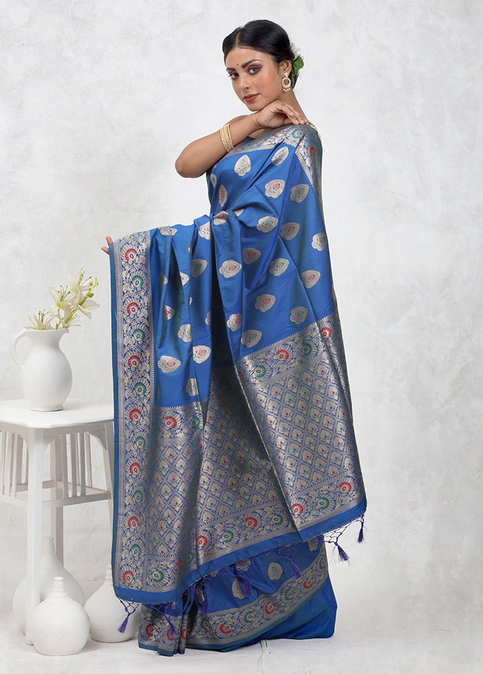 Blue Dupion Silk Saree With Blouse Piece