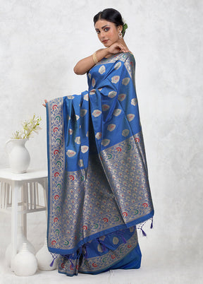 Blue Dupion Silk Saree With Blouse Piece