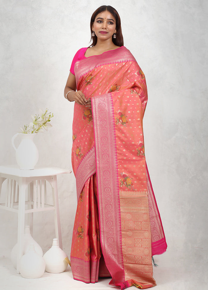 Peach Dupion Silk Saree With Blouse Piece