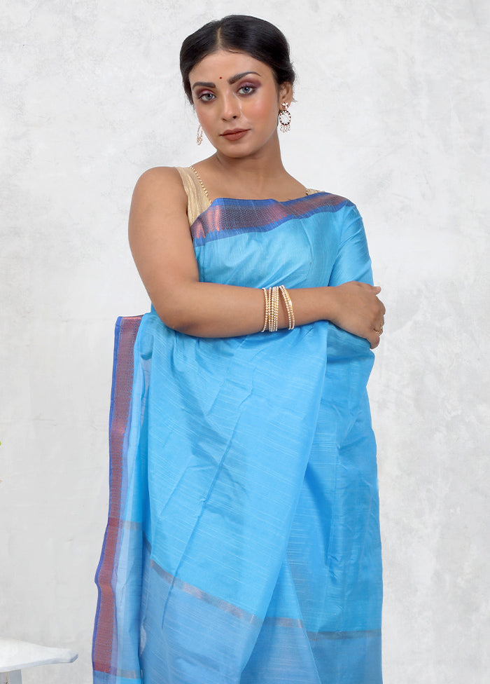 Blue Dupion Silk Saree With Blouse Piece