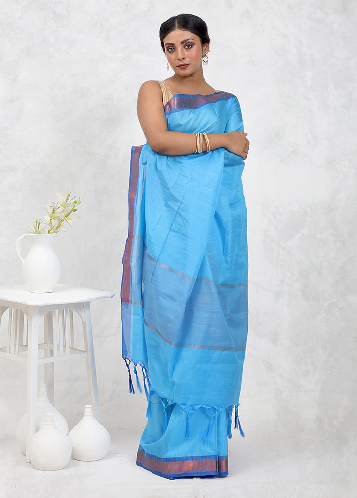 Blue Dupion Silk Saree With Blouse Piece