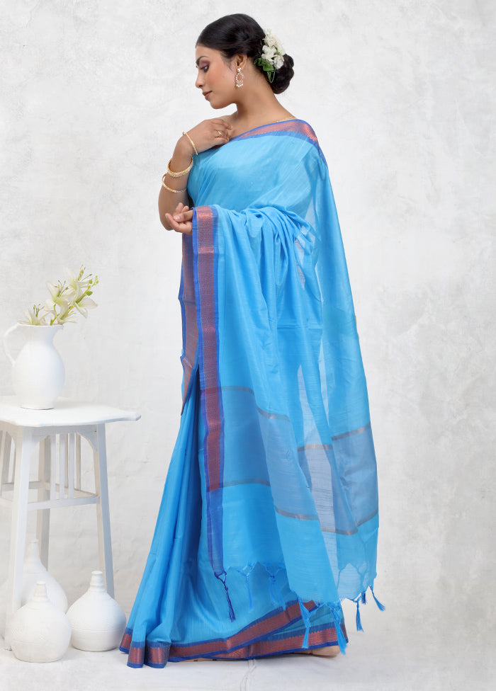 Blue Dupion Silk Saree With Blouse Piece