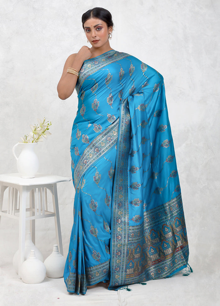 Blue Dupion Silk Saree With Blouse Piece