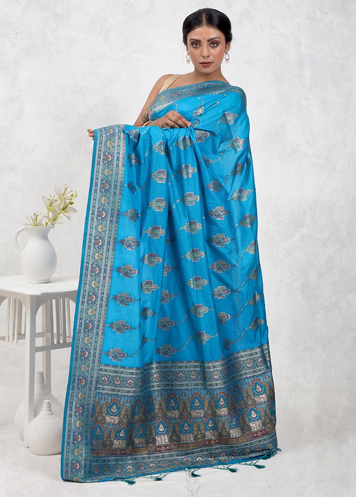 Blue Dupion Silk Saree With Blouse Piece