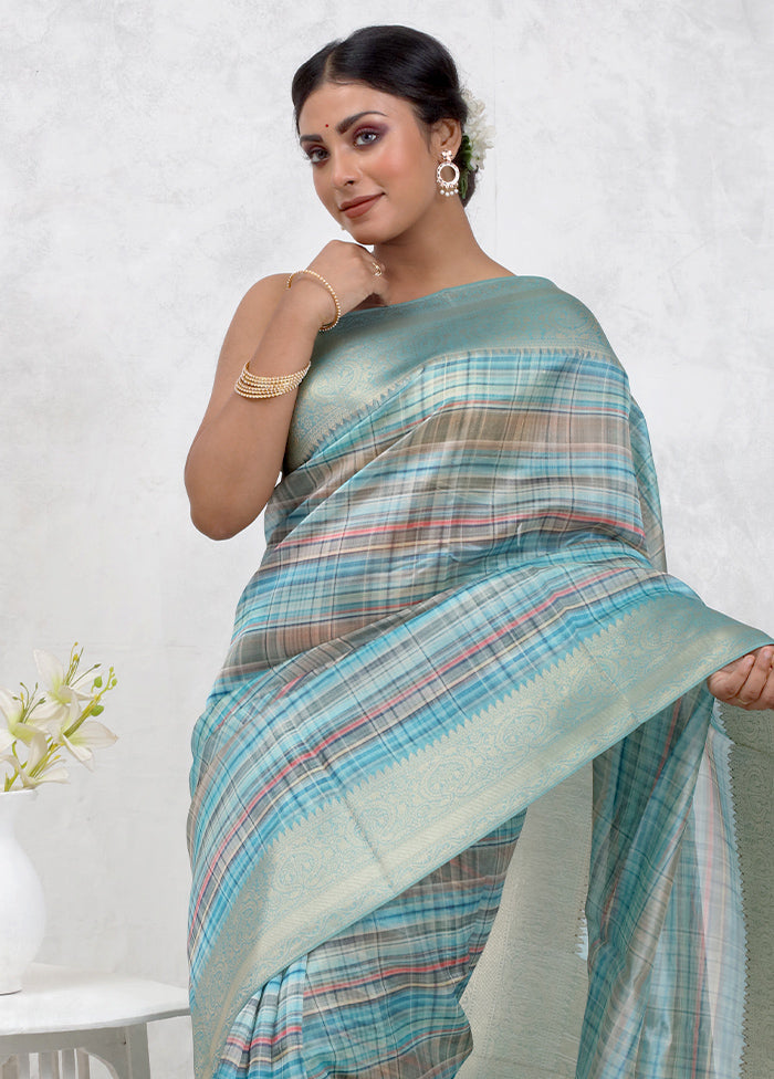 Blue Dupion Silk Saree With Blouse Piece