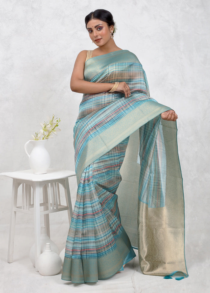 Blue Dupion Silk Saree With Blouse Piece