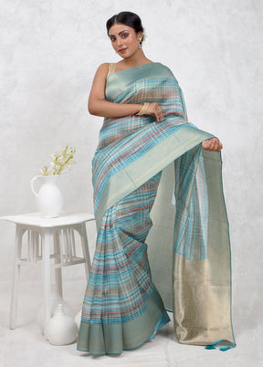 Blue Dupion Silk Saree With Blouse Piece