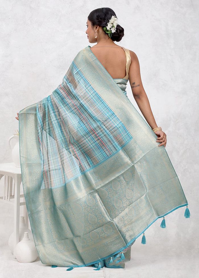 Blue Dupion Silk Saree With Blouse Piece