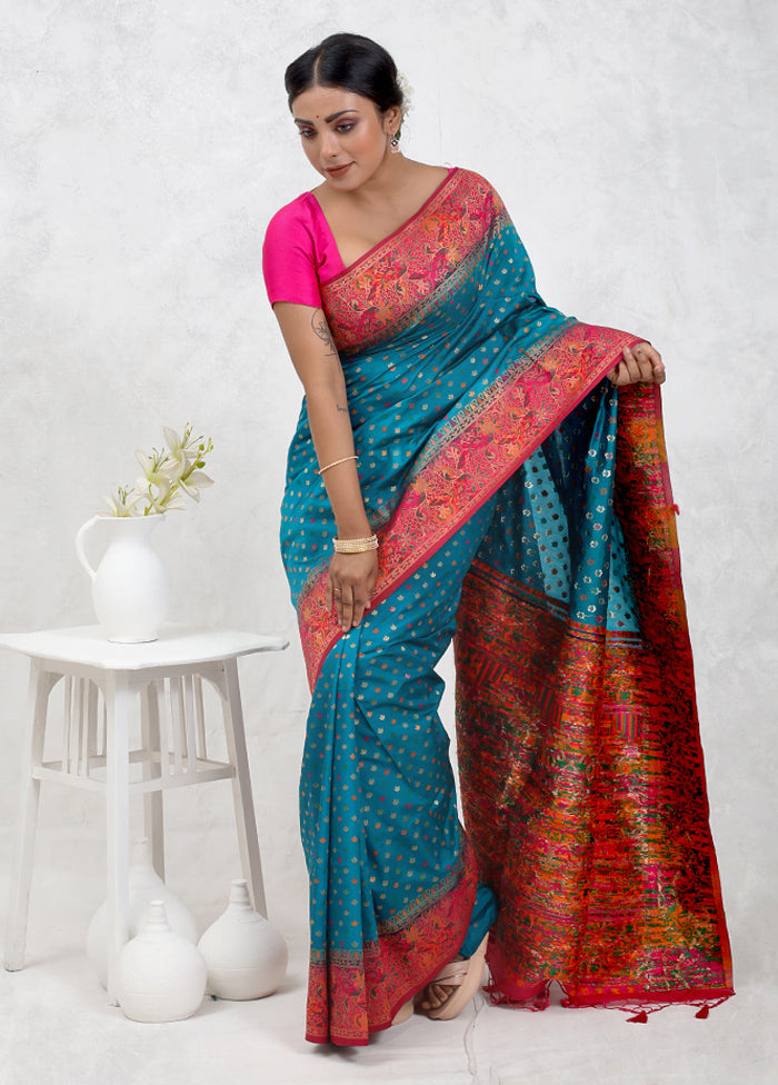 Blue Dupion Silk Saree With Blouse Piece
