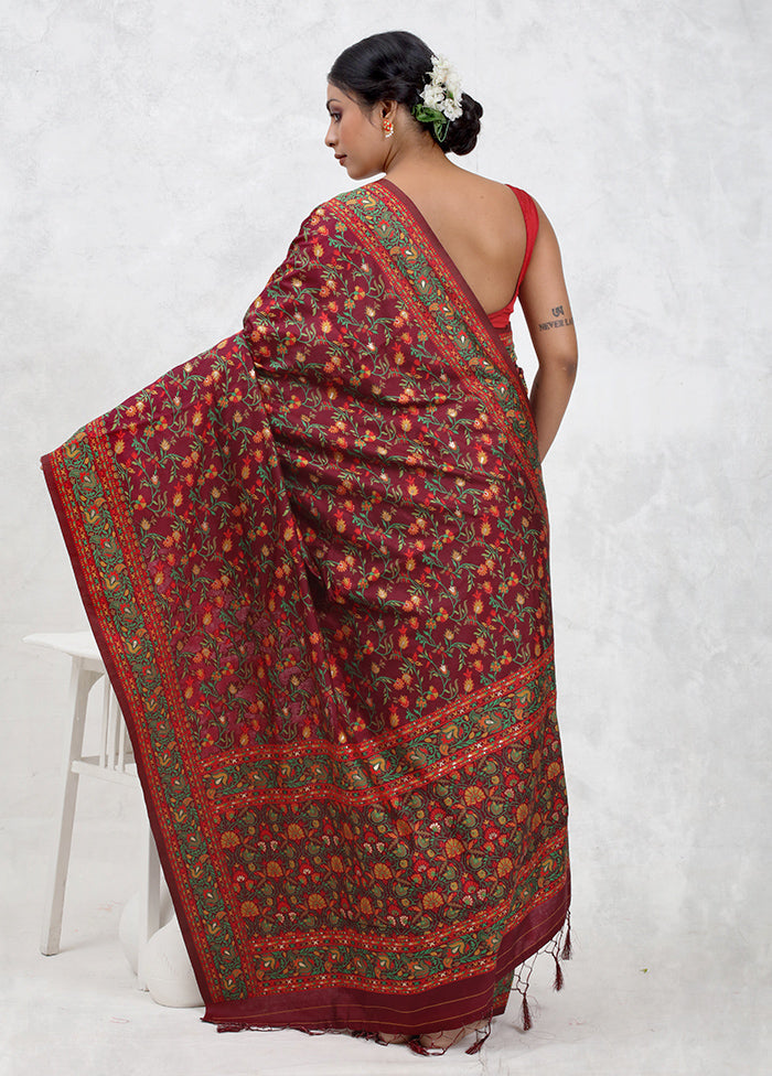 Maroon Dupion Silk Saree With Blouse Piece