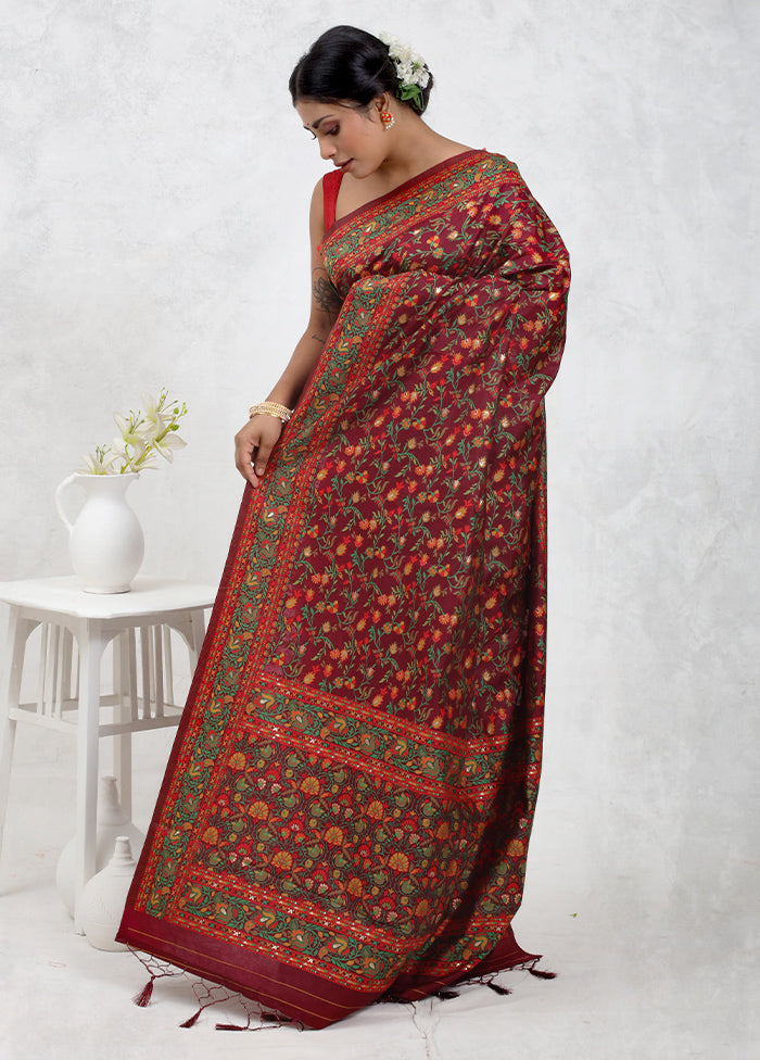Maroon Dupion Silk Saree With Blouse Piece