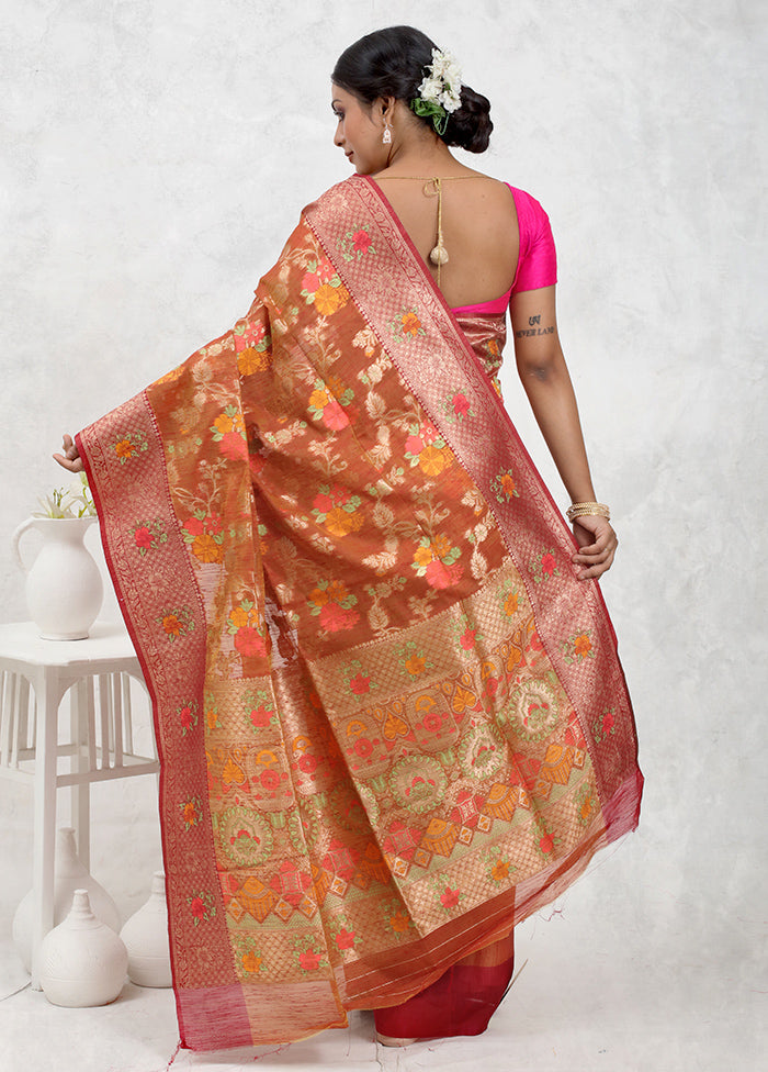 Orange Dupion Silk Saree With Blouse Piece