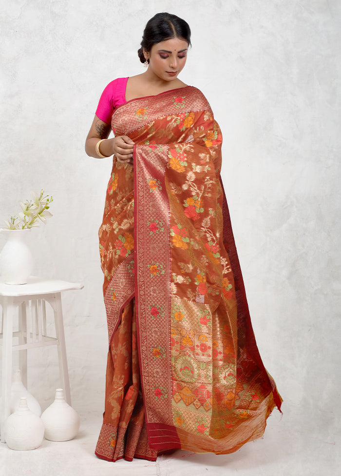 Orange Dupion Silk Saree With Blouse Piece