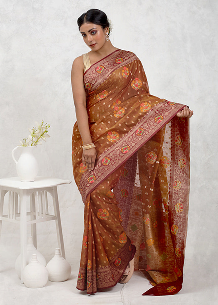 Brown Dupion Silk Saree With Blouse Piece