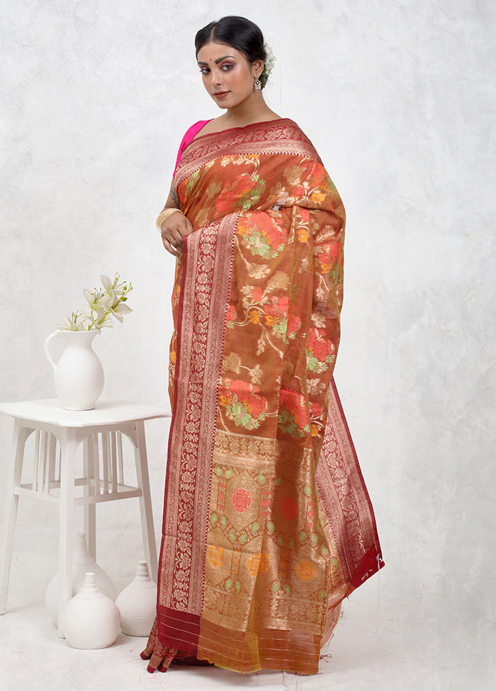 Orange Dupion Silk Saree With Blouse Piece