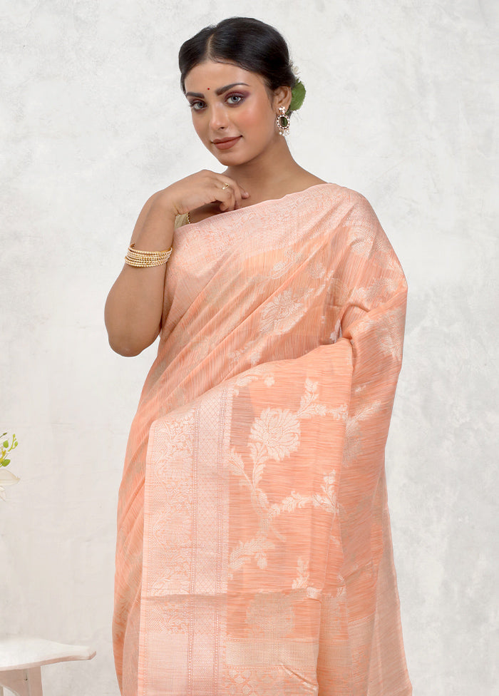 Peach Kora Silk Saree With Blouse Piece