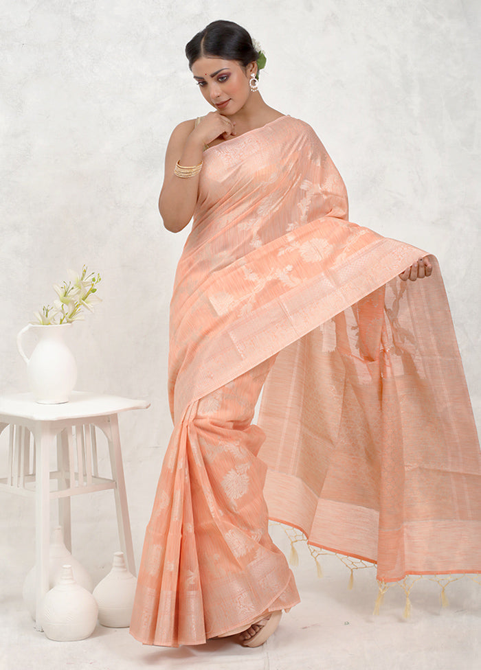 Peach Kora Silk Saree With Blouse Piece