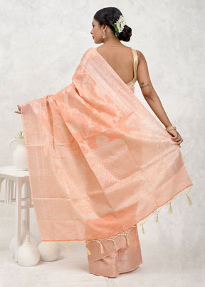 Peach Kora Silk Saree With Blouse Piece