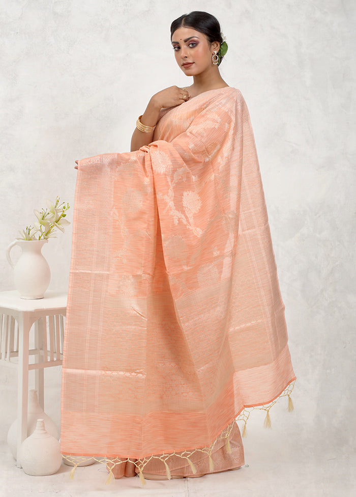 Peach Kora Silk Saree With Blouse Piece
