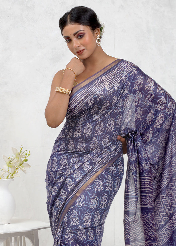 Blue Chanderi Cotton Saree With Blouse Piece