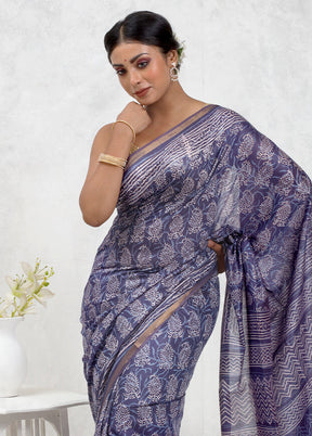Blue Chanderi Cotton Saree With Blouse Piece