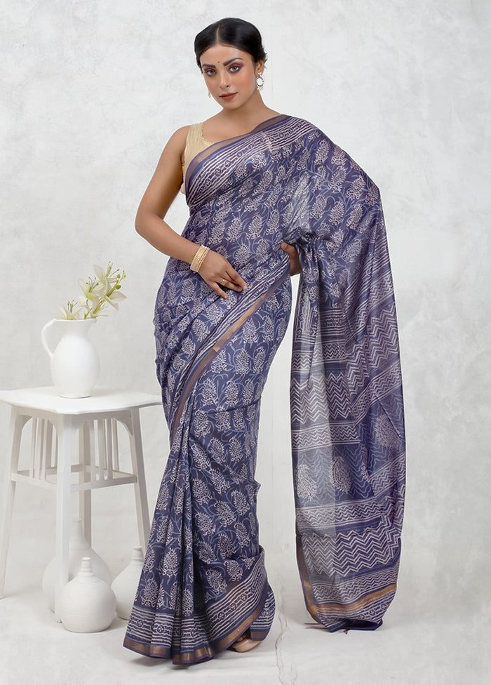 Blue Chanderi Cotton Saree With Blouse Piece