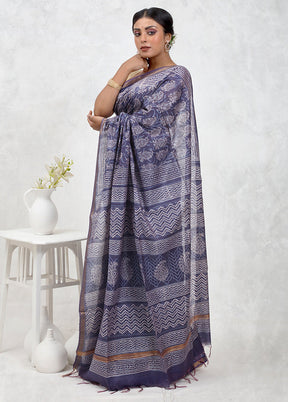 Blue Chanderi Cotton Saree With Blouse Piece