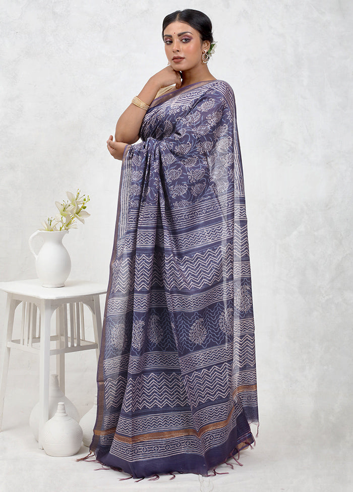 Blue Chanderi Cotton Saree With Blouse Piece
