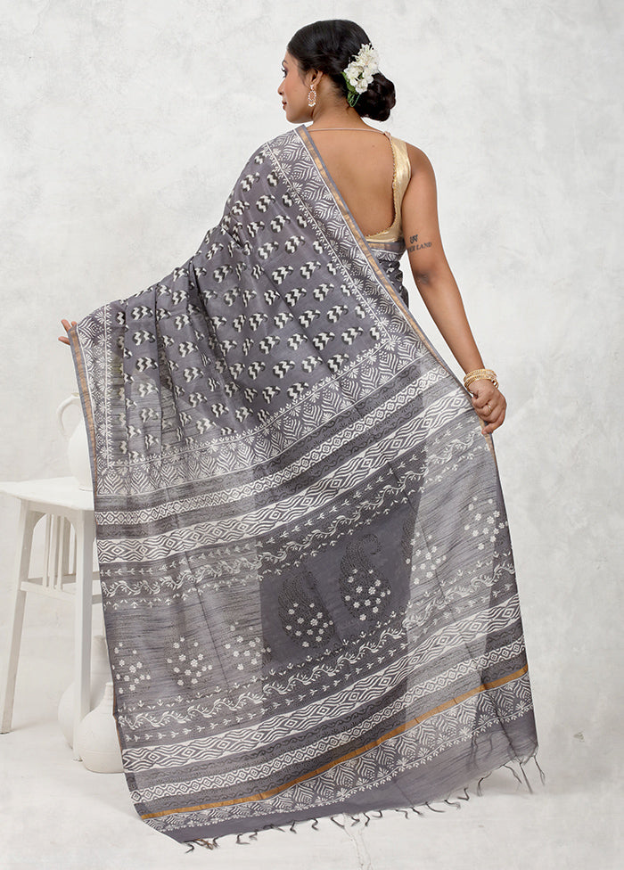 Grey Chanderi Cotton Saree With Blouse Piece