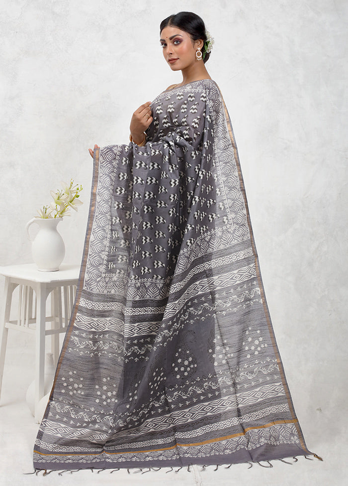 Grey Chanderi Cotton Saree With Blouse Piece