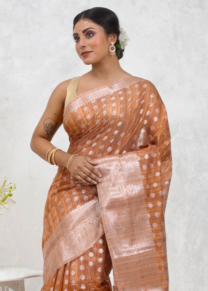 Brown Kora Silk Saree With Blouse Piece