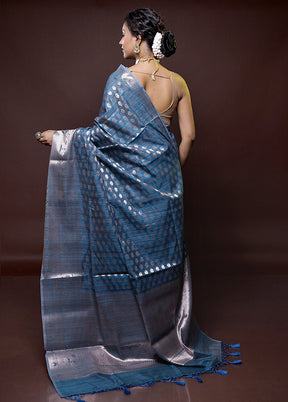 Blue Kora Silk Saree With Blouse Piece