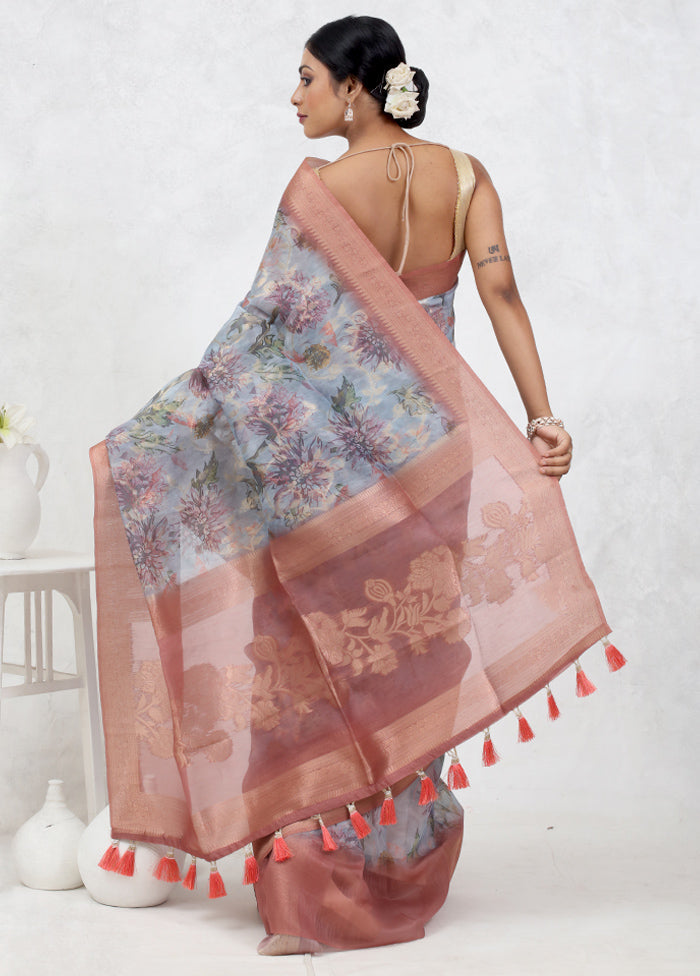 Blue Organza Saree With Blouse Piece