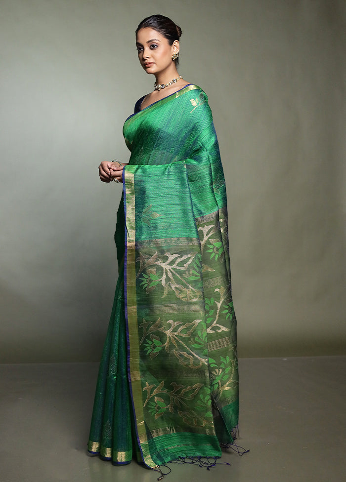 Green Handloom Matka Pure Silk Saree With Blouse Piece