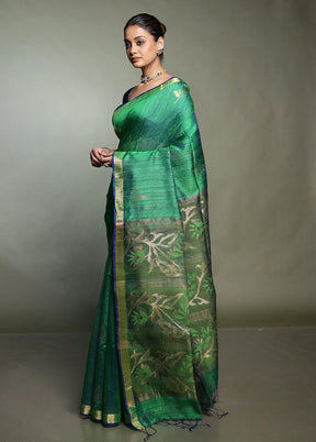Green Handloom Matka Pure Silk Saree With Blouse Piece