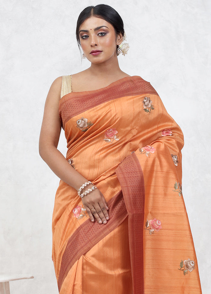 Orange Dupion Silk Saree With Blouse Piece