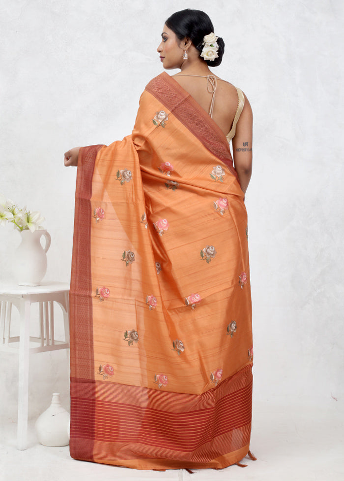 Orange Dupion Silk Saree With Blouse Piece
