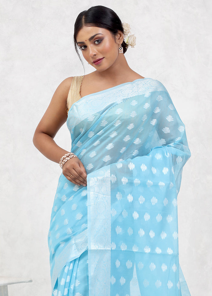 Blue Kora Silk Saree With Blouse Piece