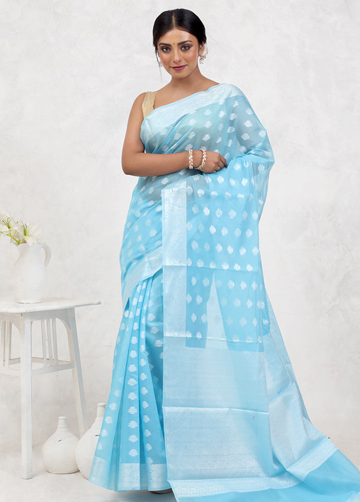 Blue Kora Silk Saree With Blouse Piece