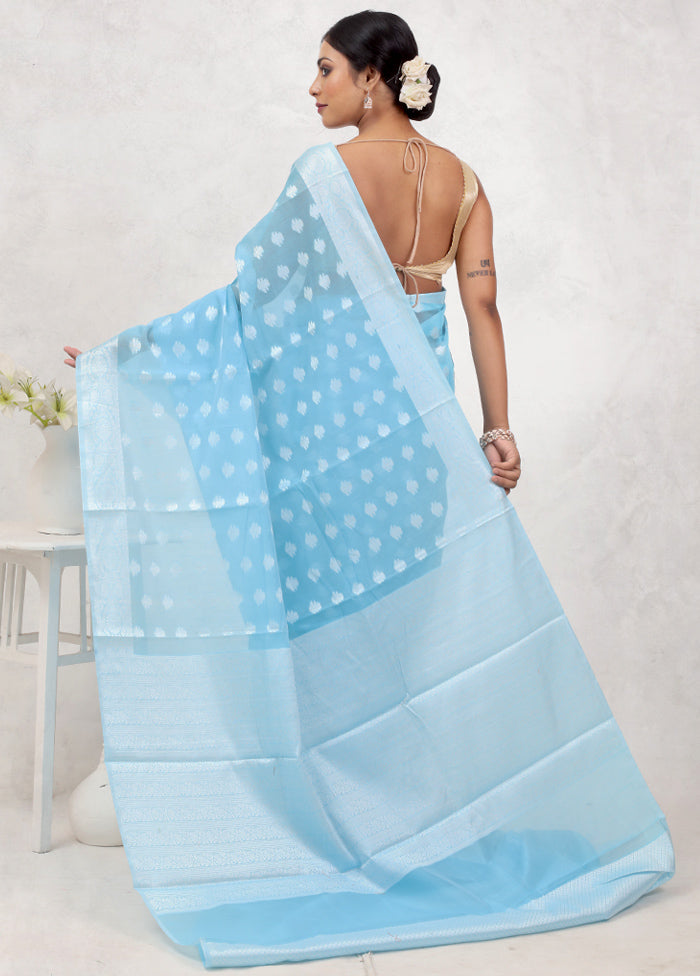 Blue Kora Silk Saree With Blouse Piece
