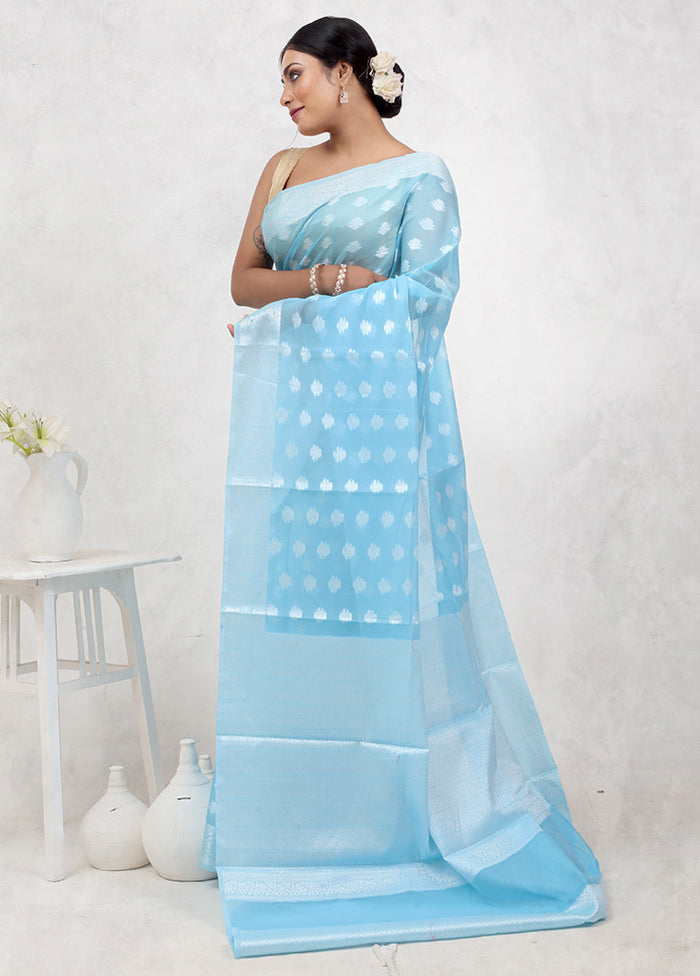 Blue Kora Silk Saree With Blouse Piece
