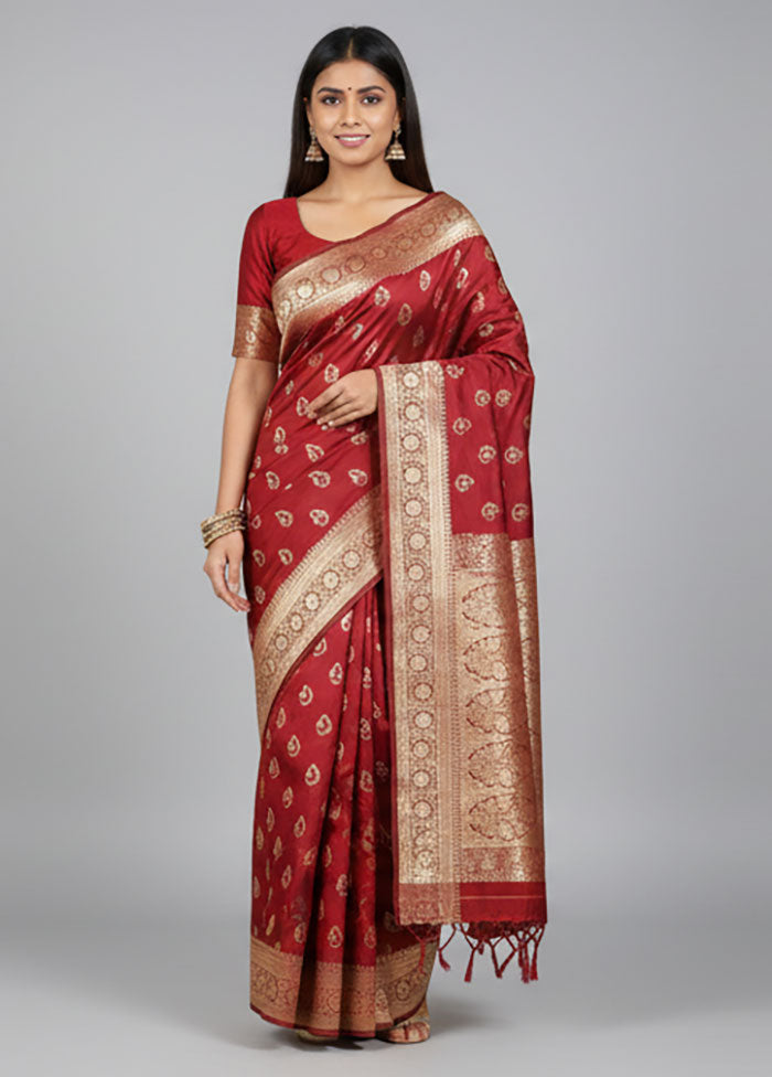 Maroon Banarasi Silk Saree With Blouse Piece