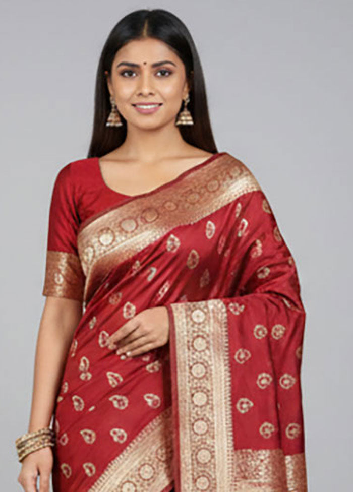 Maroon Banarasi Silk Saree With Blouse Piece