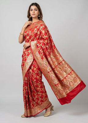 Red Banarasi Silk Saree With Blouse Piece